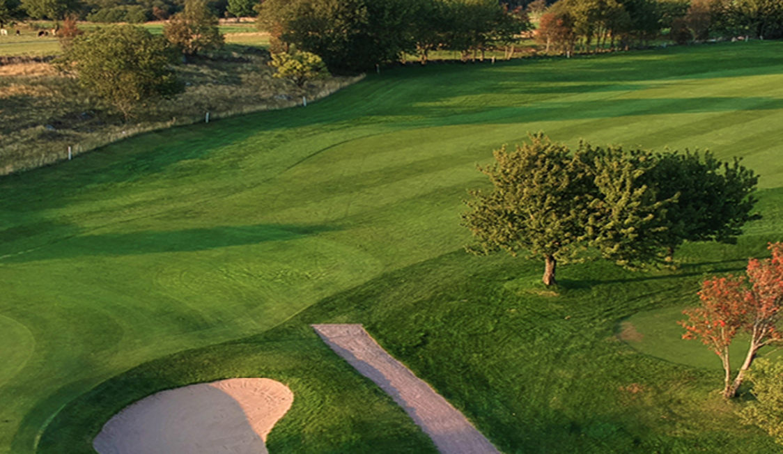 Golfbane set i fugleperspektiv med grønne fairways, sandbunker og træer i efterårsfarver.