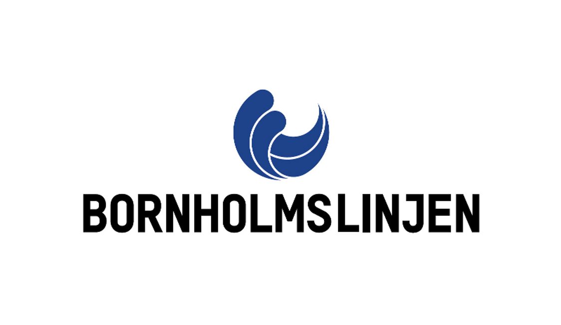 Bornholmslinjen logo i blåt og sort med stiliseret bølge-design.