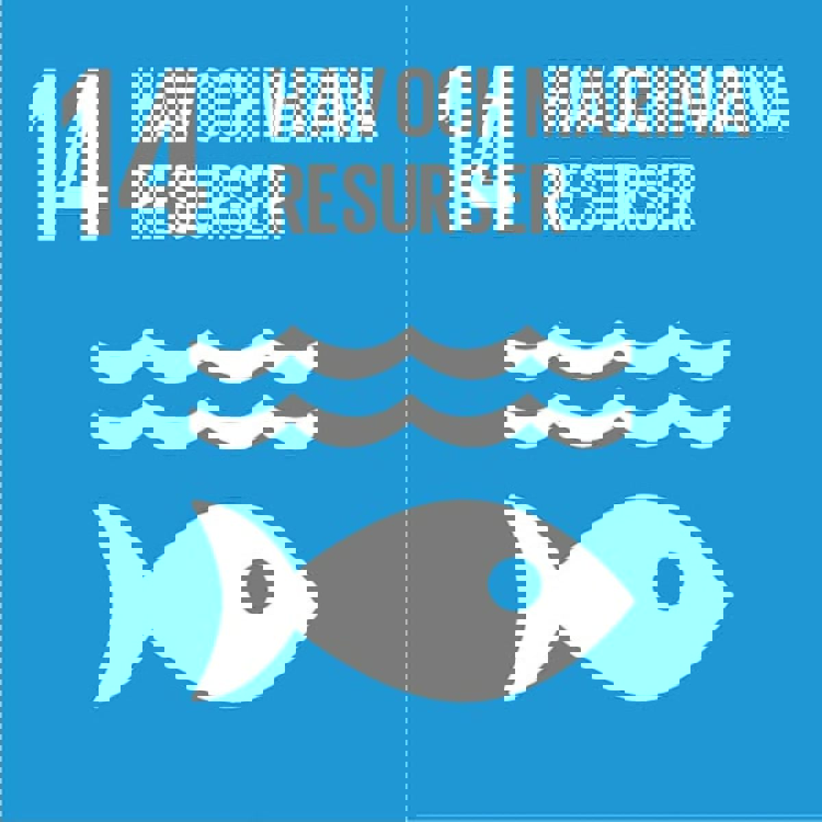 SDG 14-ikonen illustreras med vågor och en fisk.
